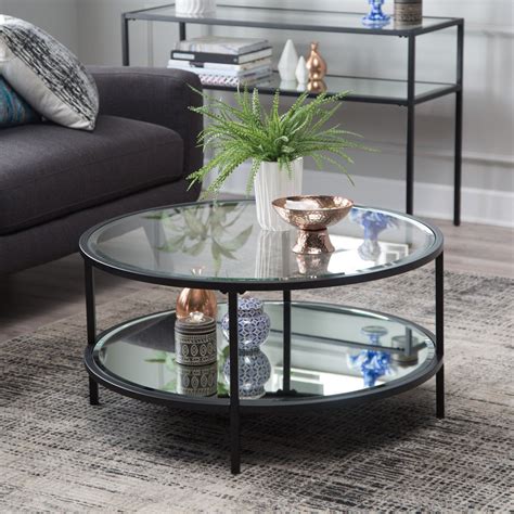 Contemporary Glam Metal Glass Modern Round Black Coffee Table w/ Shelf Furniture - Tables