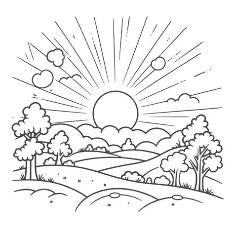 The Sun Is Shining In The Hills Coloring Page Outline Sketch Drawing Vector, Sun Drawing, Wing ...