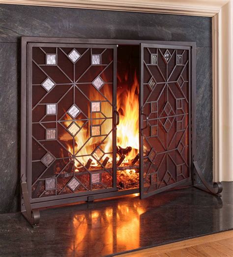 American Star Fireplace Screen with Glass Accents and Doors | Fireplace screen, Fireplace ...