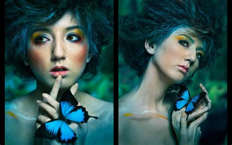 face, women, model, fantasy art, butterfly, blue, color, beauty, eye, special effects, HD ...