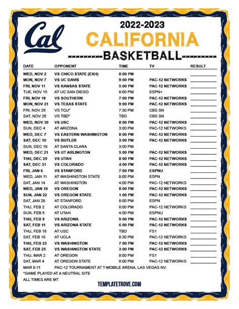 Printable 2022-2023 California Golden Bears Basketball Schedule