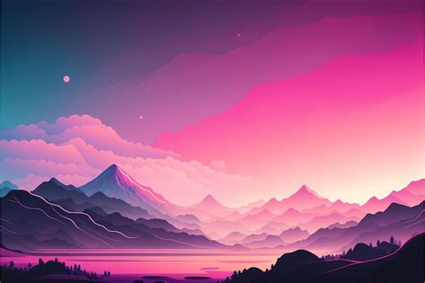 Premium Photo | A pink mountain landscape with a lake and mountains.