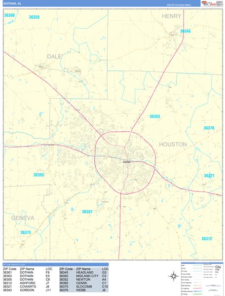 Dothan Alabama Zip Code Wall Map (Basic Style) by MarketMAPS - MapSales