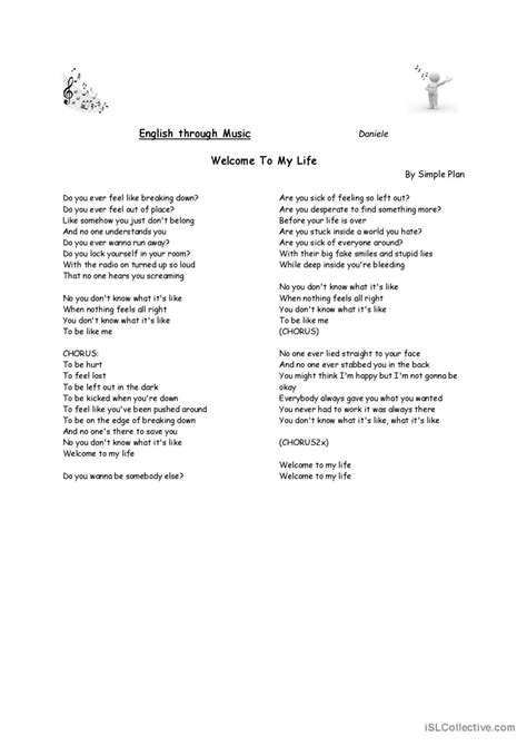 Song- Welcome To My Life- Simple Pla…: English ESL worksheets pdf & doc