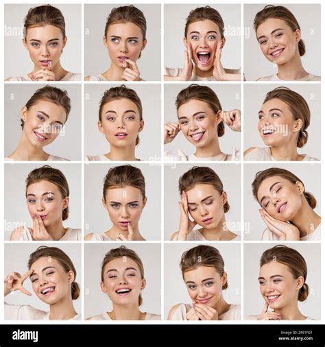 Collage of beautiful woman with different facial expressions Stock ...