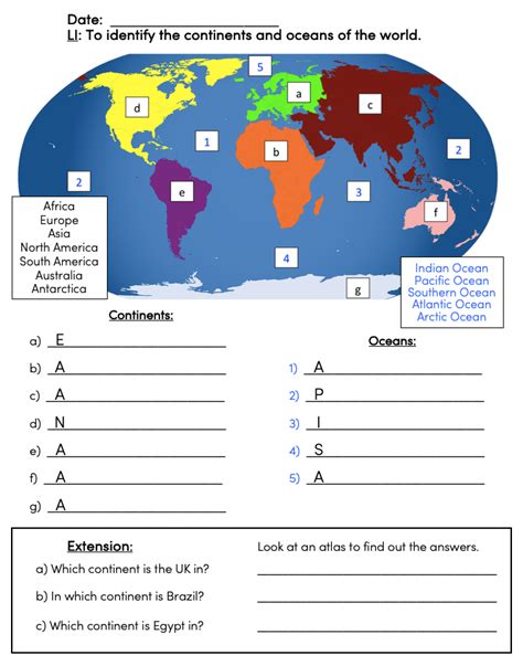 Continents And Oceans Of The World Worksheet