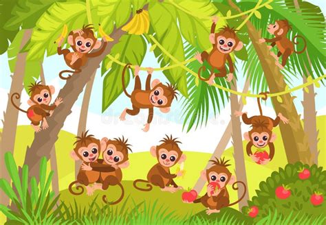 Cute Monkeys in Jungle. Cartoon Tropical Animal Characters in ...