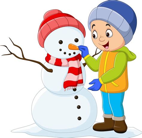 Cartoon little boy building a snowman 7098368 Vector Art at Vecteezy