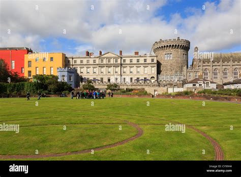 View to Record Tower and Dublin Castle gardens with a Celtic design in ...