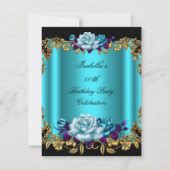 Elegant Golden Teal Blue Purple Roses Birthday Invitation | Zazzle