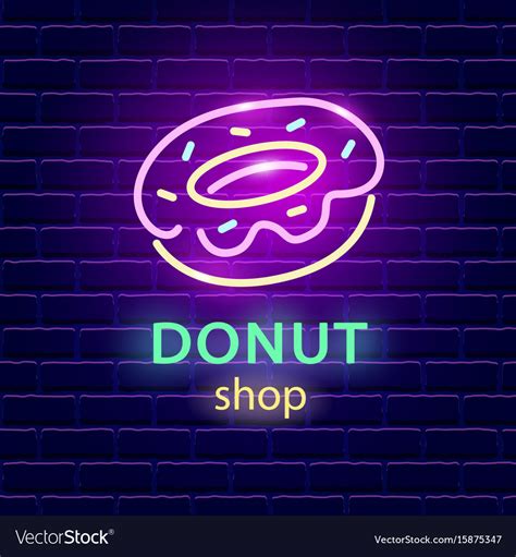 Donut shop neon logo sign on dark brick wall Vector Image