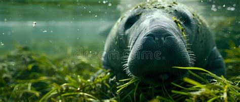 Manatee Eating Seagrass Up Close. Concept Manatee Behavior, Seagrass ...