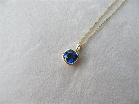 Blue Sapphire Square 14k Gold Necklace- Cushion Sapphire Simple Necklace-Lab Dark Blue Sapphire ...