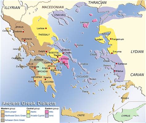 Map illustrating the distribution of the ancient Greek dialects | Historical maps, Ancient maps ...