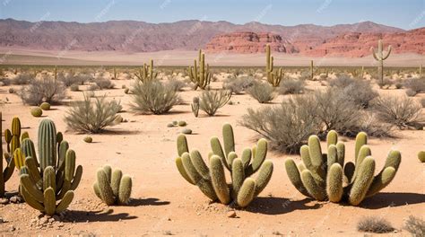 Premium AI Image | A desert landscape with a desert scene and cactus in ...