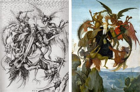 Left: Martin Schongauer - The Temptation of St Anthony (1475) / Right: Michelangelo - The ...