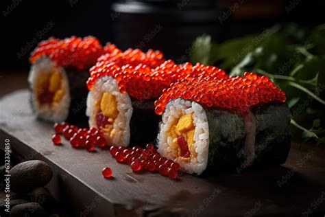 Red Caviar Sushi Rolls, Traditional Japanese Susi, Caviar Sushi Set ...