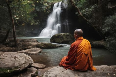 Premium AI Image | Tibetan monk meditating near a waterfall in the ...