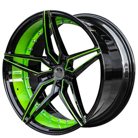 20″ STAGGERED AC WHEELS AC01 GLOSS BLACK WITH LIME GREEN INNER EXTREME CONCAVE RIMS ...