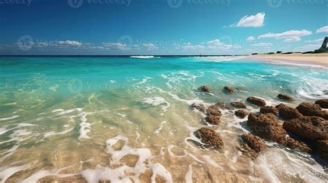 a romantic beach with sunny blue sky in standard style. Generative Ai 25231930 Stock Photo at ...