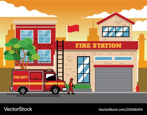 Fire truck in fire station Royalty Free Vector Image