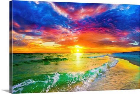 Purple Red Sunset And Beautiful Ocean Sunset Beach Wall Art, Canvas ...