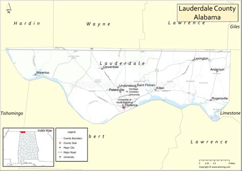 Map of Lauderdale County, Alabama showing cities, highways & important places. Check Where is ...