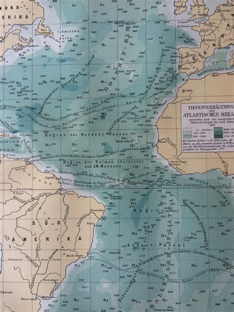 1894 Ocean Depths in Atlantic Ocean Original Antique Map - Available Framed - Oceanography ...