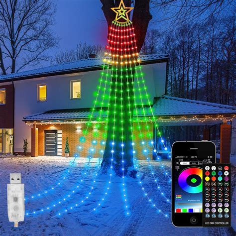 Christmas Waterfall Lights Outdoor with Remote & App Control, 10FT 305-LED Christmas Star Lights ...