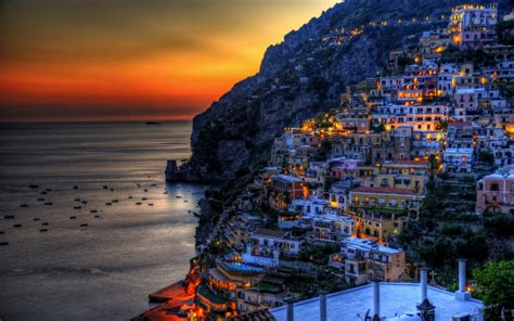 Download HDR Coast Ocean Light Night House Town Italy Man Made Positano Wallpaper