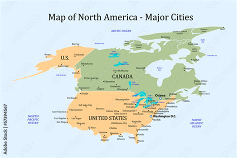 Map of North America - Major Cities Stock Vector | Adobe Stock