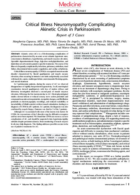 (PDF) Critical Illness Neuromyopathy Complicating Akinetic Crisis in Parkinsonism | Marco Onofrj ...