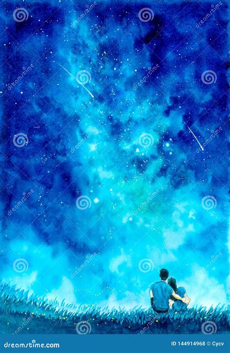 Watercolor Painting - Couple Under Starry Night Sky Stock Illustration - Illustration of outdoor ...