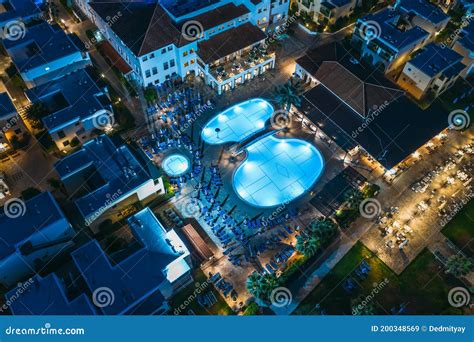 Illuminated Swimming Pool at Night, Aerial Top View. Rest and Relax ...