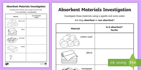 Absorbent and Non-Absorbent Materials Worksheet – Twinkl