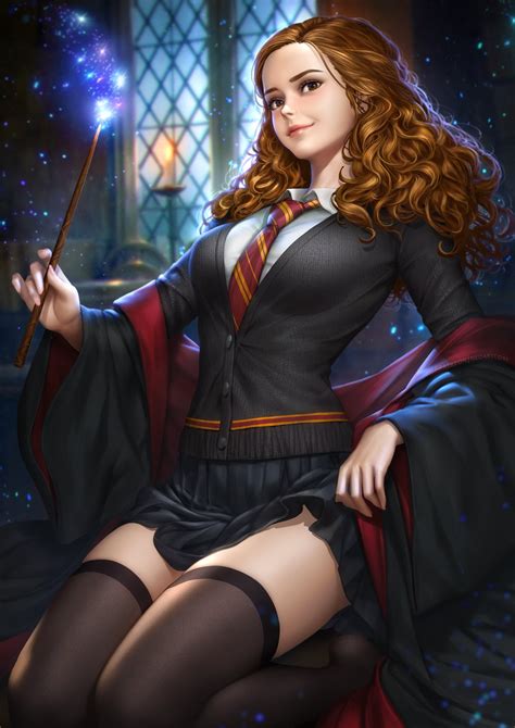 skirt, digital art, tie, NeoArtCorE (artist), drawing, Hermione Granger, fan art, thigh-highs ...