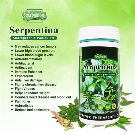 Super Nutrition Serpentina Herbal Supplement 100 Capsules x 500mg Bottle (Andrographis ...