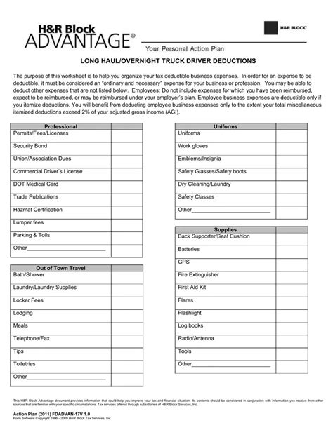 Truck Driver Expenses Worksheet PDF Form - FormsPal