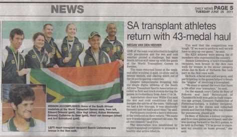 SA Transplant Sports Association: Newspaper Article 28 June 2011