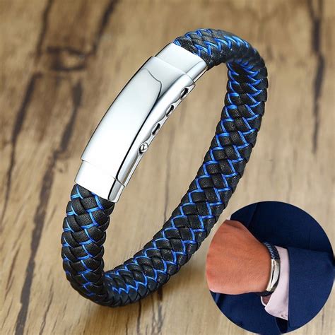 Personalized Engravable Gents Thin Blue Line braided Leather Men's Bracelet with - Bracelets