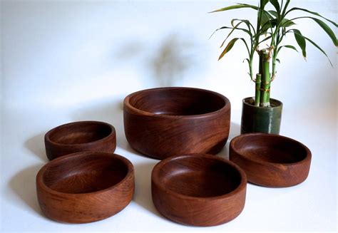 Set of Five (5) Vintage Wooden Serving Bowls Rustic Wooden Salad Bowl ...