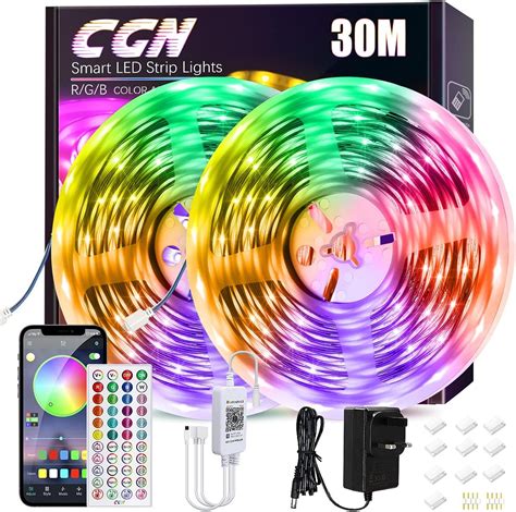 30M LED Strip Lights, CGN Bluetooth 100FT Music Sync Smart LED Strip With Remote 5050 RGB Colour ...