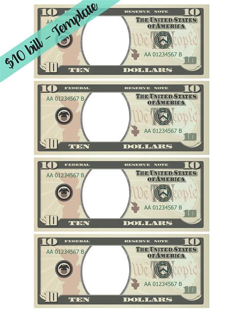 10 Dollar Bill Template Letter Page With 4 Real Size Dollar - Etsy Australia