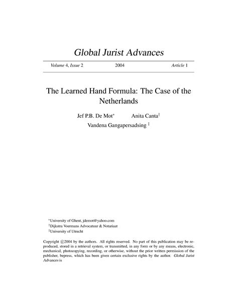 J. De Mot e.a., ‘The Learned Hand Formula The Case of the Netherlands’ - Global Jurist Advances ...