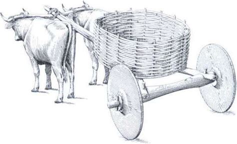 Reconstruction of one of the ox-drawn carts with solid disc wheels, which came into use in the ...