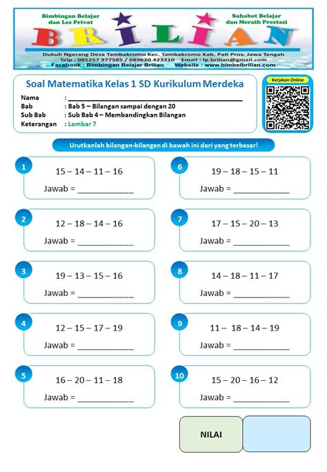 Soal Matematika Kelas 1 SD Bab Mengurutkan 4 Bilangan dari yang ...