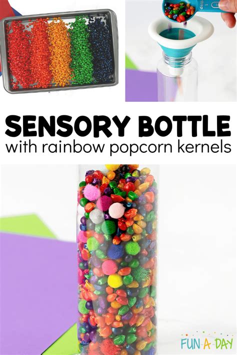 Corn Sensory Bottle with Rainbow Popcorn Kernels - Fun-A-Day!