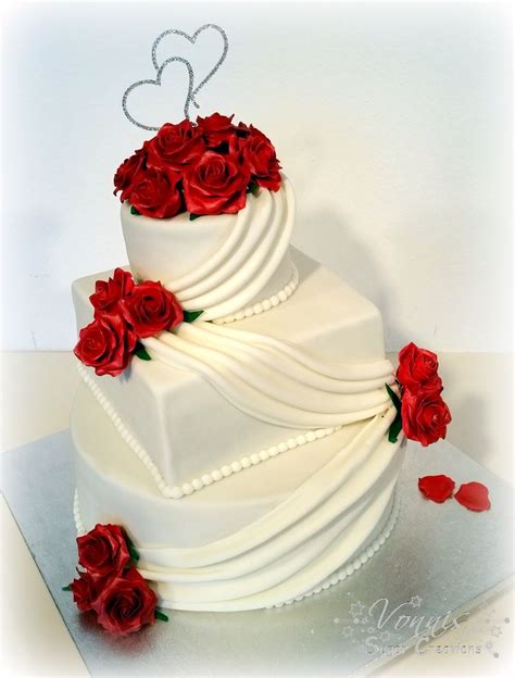 wedding cake white red roses 3 tier layer classic, fondant, flower paste edilble hearts, love ...