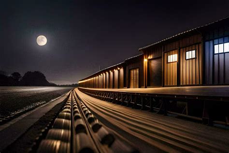 a train track at night with a full moon. AI-Generated 33373350 Stock Photo at Vecteezy