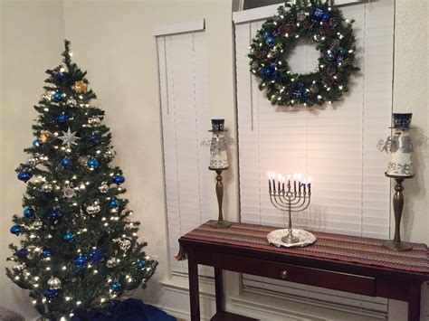 Our Hanukkah bush and menorah | Winter holiday decorations, Hanukkah bush, Holiday decor